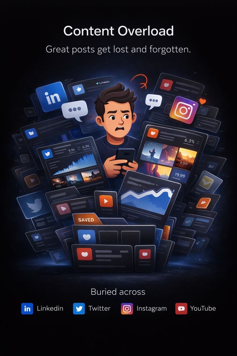 Infographic illustrating content overload from saved posts across platforms.